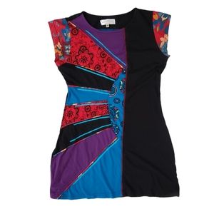 Bright Colorblock Patchwork Embroidered Boho Hippie Mini Dress Size M